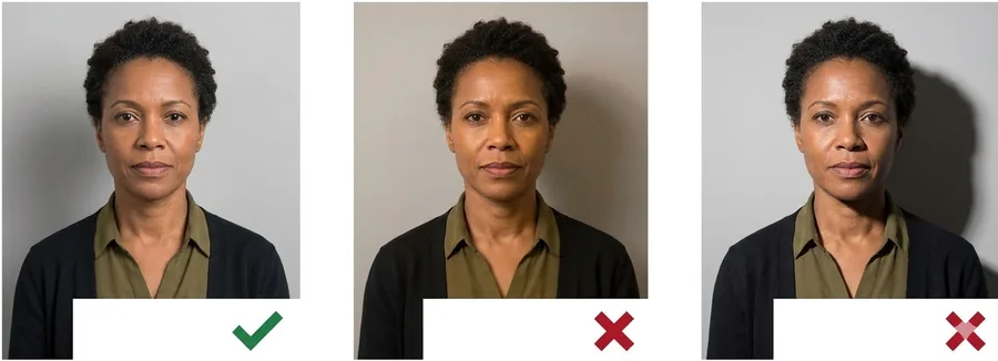 Exemple approuvé avec éclairage uniforme, puis deux exemples refusés avec une ombre portée derrière la tête, plus ou moins marquée